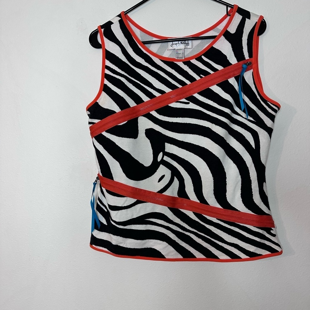 Beautiful Vintage Joseph Ribkoff Black and White Zebra Top w/ Red Trim Old Money